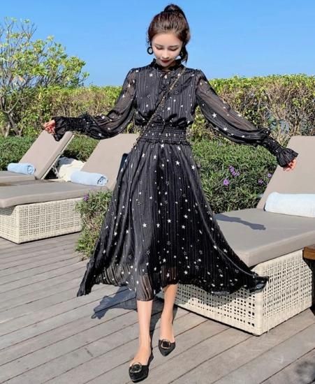 韓国ワンピース 星柄が大人可愛い、ブラックロングワンピース 韓国ワンピース 星柄が大人可愛い、ブラックロングワンピース