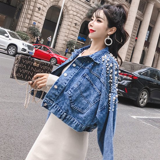 韓国アウター デニムジャケット 可愛いパールが個性的なＧジャン|韓国