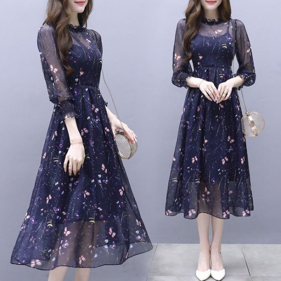 韓国ワンピース 韓国ドレス　蝶と子花柄がとっても大人可愛いパーティードレス|韓国 ワンピース ドレス 通販レディースMarron(マロン)