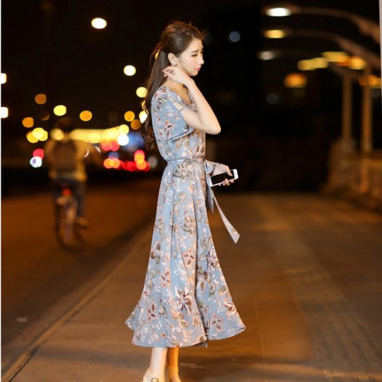 韓国ワンピース 花柄大人可愛いスリットのロングワンピース 韓国 ワンピース ドレス 通販レディースmarron マロン