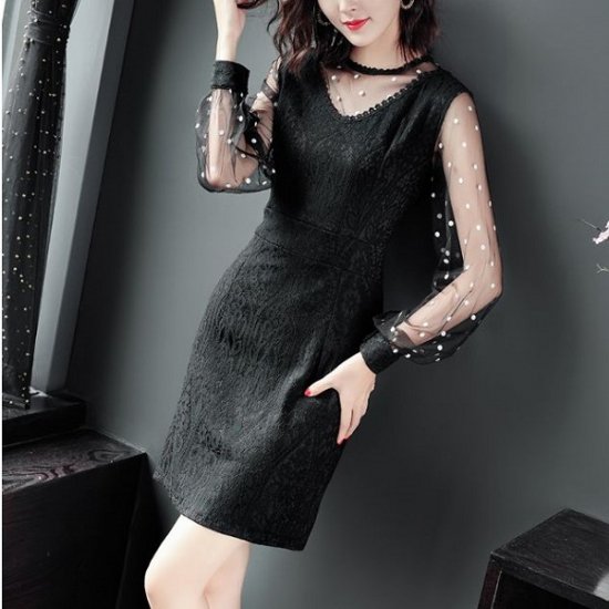 韓国ワンピース 韓国ドレス 大人可愛いドットシースルーのブラック