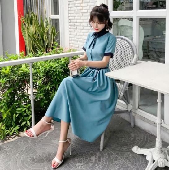 ワンピース ボウタイリボンのガーリーなお嬢様ワンピ|韓国 ワンピース ボウタイリボンのガーリーなお嬢様ワンピ|韓国