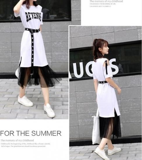 ワンピース 肩出しロングtシャツワンピにチュールスカートベルト付きのとっても可愛いワンピ 韓国 ワンピース ドレス 通販レディースmarron マロン