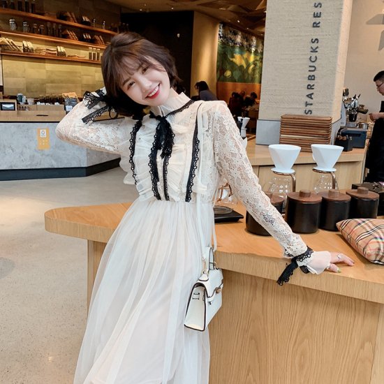 ワンピース 韓国ドレス ガーリーフリル可愛いふんわりレースの