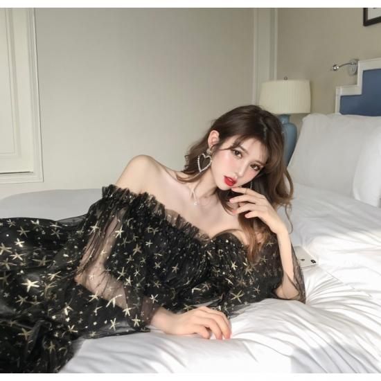 ワンピース 韓国ドレス 星柄スパンコールオフショルセクシー可愛い