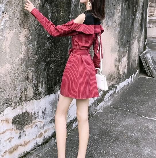ワンピース おしゃれストライプの可愛いセクシー肩見せワンピ 韓国 ワンピース ドレス 通販レディースmarron マロン ワンピース おしゃれストライプの可愛いセクシー肩見せワンピ 韓国 ワンピース ドレス 通販レディースmarron マロン