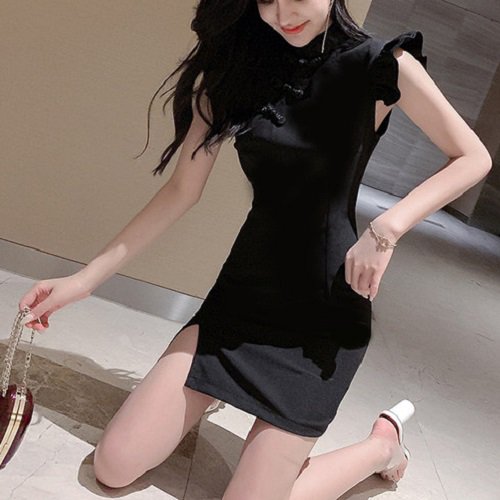 ワンピース 韓国パーティードレス　フリル可愛いチャイナドレス風のブラックドレス|韓国 ワンピース ドレス 通販レディースMarron(マロン)
