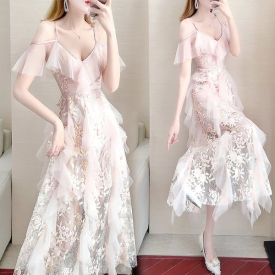 ロングドレス ❤️ パーティドレス ホワイト 花柄 ロングスカート ドレス