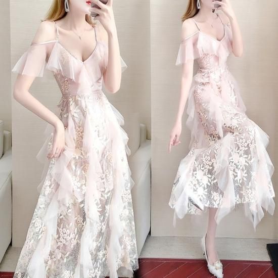 ワンピース 韓国パーティードレス 花柄シフォンシースルーレースのエレガントロングドレスワンピ 韓国 ワンピース ドレス 通販 レディースmarron マロン