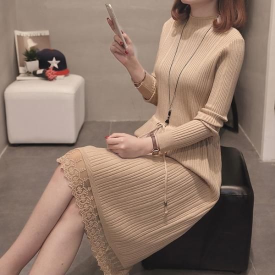 ワンピース 裾レースが上品なシンプルニットワンピ 韓国 ワンピース ドレス 通販レディースmarron マロン ワンピース 裾レースが上品なシンプルニットワンピ 韓国 ワンピース ドレス 通販レディースmarron マロン