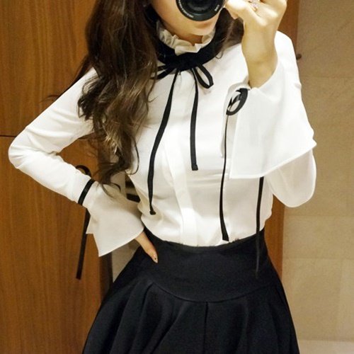 ブラウス 黒リボンがアクセントの可愛いフレア袖ブラウス 韓国 ワンピース ドレス 通販レディースmarron マロン