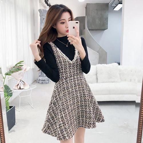 ワンピース セットアップ ニットとパール付きのツイードワンピの可愛いツーピース 韓国 ワンピース ドレス 通販レディースmarron マロン