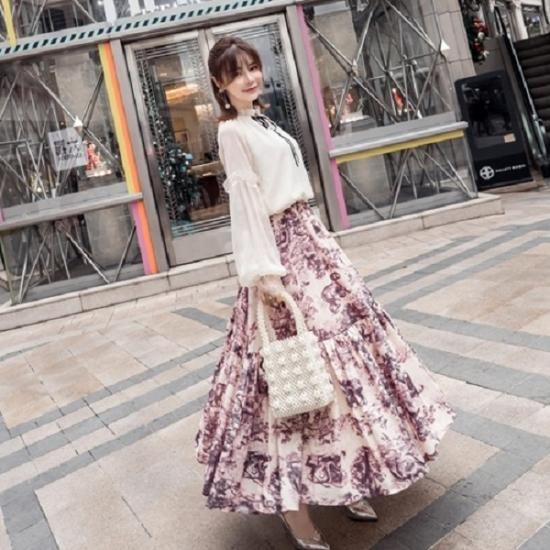 セットアップ レトロな雰囲気がオシャレ シフォンブラウスとスカートの可愛いツーピース 韓国 ワンピース ドレス 通販レディースmarron マロン