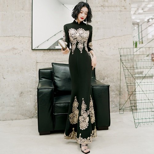 イブニングドレス 韓国パーティードレス ゴールドの刺繍がエレガントなロング丈ドレス|韓国 ワンピース ドレス 通販レディースMarron(マロン)