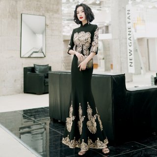 イブニングドレス 韓国パーティードレス ゴールドの刺繍がエレガントな