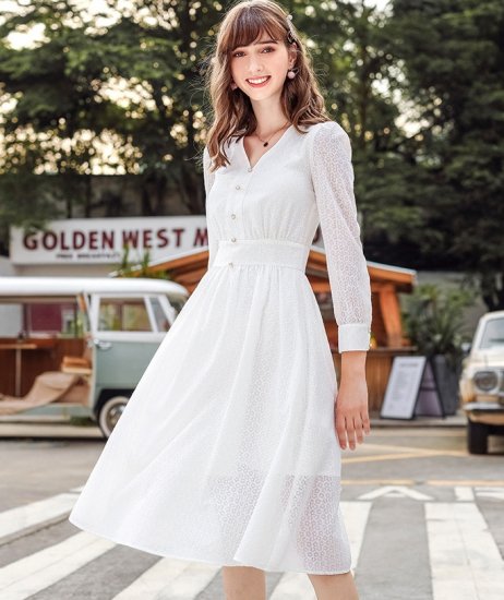 ワンピース ホワイトカラーで清楚感溢れる可愛いワンピース|韓国