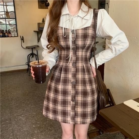 ワンピース レトロガーリーの可愛いミニ丈コンビワンピース 韓国 ワンピース ドレス 通販レディースmarron マロン