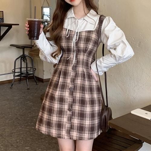 ワンピース レトロガーリーの可愛いミニ丈コンビワンピース 韓国 ワンピース ドレス 通販レディースmarron マロン ワンピース レトロガーリーの可愛いミニ丈コンビワンピース 韓国 ワンピース ドレス 通販レディースmarron マロン