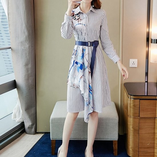 ワンピース ストライプ エルメス調が可愛いドッキングシャツワンピ 韓国 ワンピース ドレス 通販レディースmarron マロン