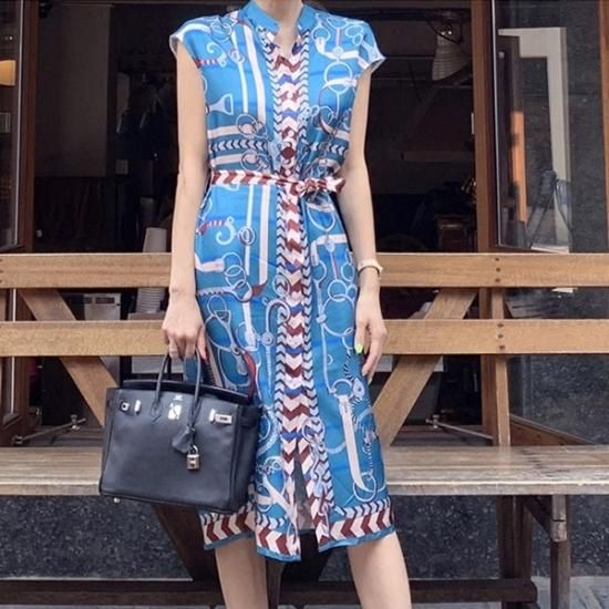 ワンピース 夏におススメ スカイブルー 個性的な総柄が可愛いシャツワンピース 韓国 ワンピース ドレス 通販レディースmarron マロン