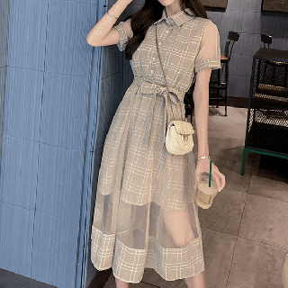 ワンピース チェック柄×シアーが上品な可愛いガーリーワンピース|韓国 ワンピース ドレス 通販レディースMarron(マロン)