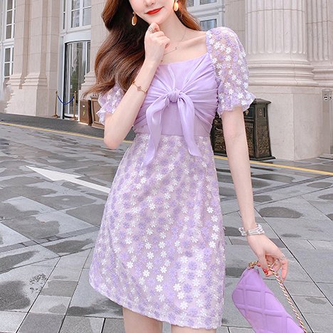 韓国 ワンピース パーティードレス 花柄モチーフ 胸元リボンがフェミニンな可愛いワンピース 韓国 ワンピース ドレス 通販レディースmarron マロン