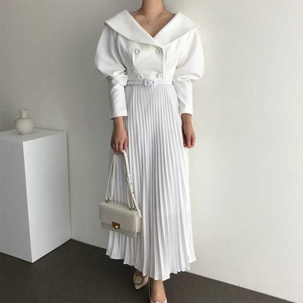 ワンピース お呼ばれにも 大きめな襟 プリーツスカートが可愛いワンピース 韓国 ワンピース ドレス 通販レディースmarron マロン ワンピース お呼ばれにも 大きめな襟 プリーツスカートが可愛いワンピース 韓国 ワンピース ドレス 通販レディースmarron マロン