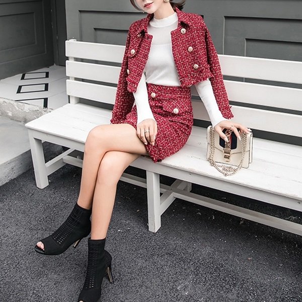 セットアップ レッドカラーが華やかなジャケットスカートの可愛いツーピース|韓国 ワンピース ドレス 通販レディースMarron(マロン)
