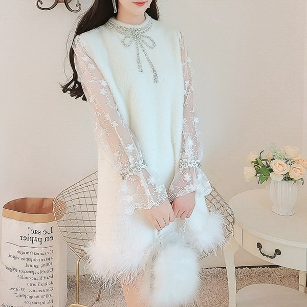 ワンピース 冬のデートにおススメ 裾のファーが可愛いミニ丈ワンピース 韓国 ワンピース ドレス 通販レディースmarron マロン