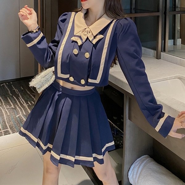 セットアップ 学生服デザインの可愛いツーピース 韓国 ワンピース ドレス 通販レディースmarron マロン