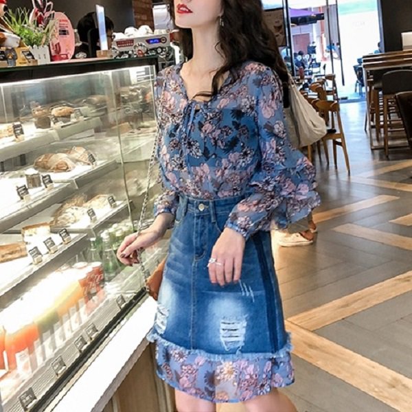 セットアップ 花柄シフォンブラウス&裾シフォンデニムスカートの可愛いツーピース|韓国 ワンピース ドレス 通販レディースMarron(マロン)
