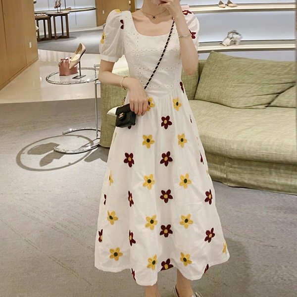 ワンピース 花柄刺繍が可愛いレトロワンピース|韓国 ワンピース ドレス 通販レディースMarron(マロン)