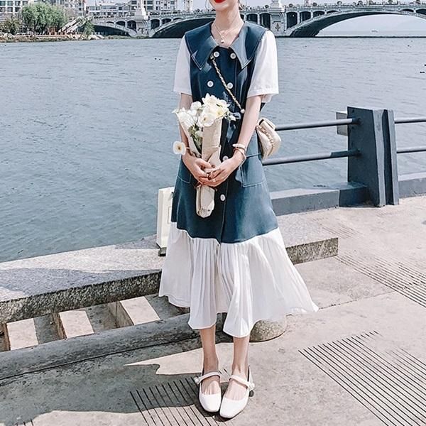 ワンピース 大人っぽいバイカラー配色の可愛い異素材MIX