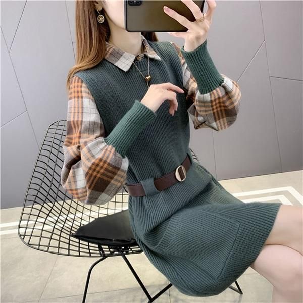 セットアップ チェック柄シャツ＆ニットワンピの可愛い量産型