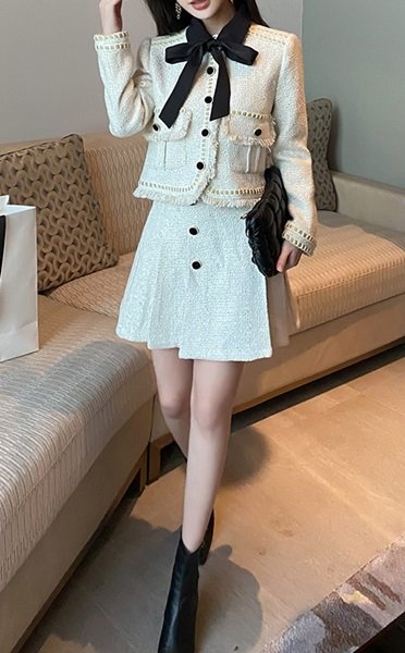 セットアップ リボン付きジャケット＆ボックスプリーツミニスカートの可愛いお嬢様系ツーピース|韓国 ワンピース ドレス  通販レディースMarron(マロン)