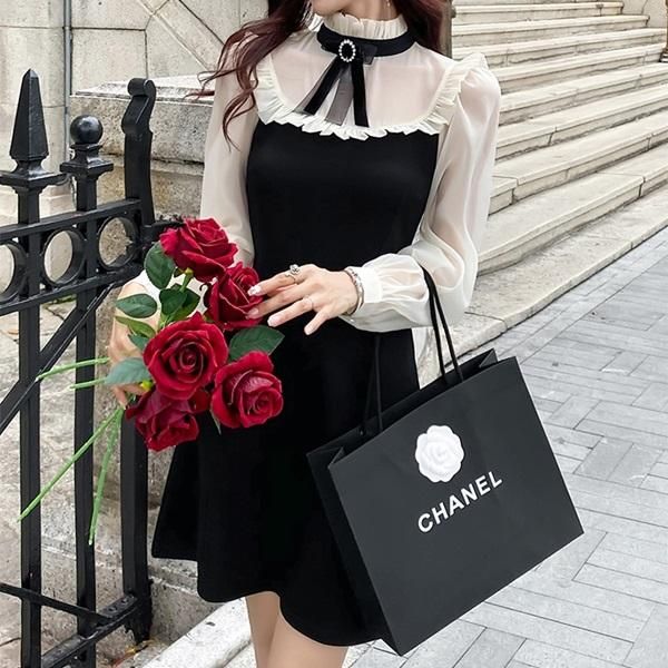 ワンピース シフォンコンビデザインの可愛いお嬢様系フリルワンピース 韓国 ワンピース ドレス 通販レディースmarron マロン