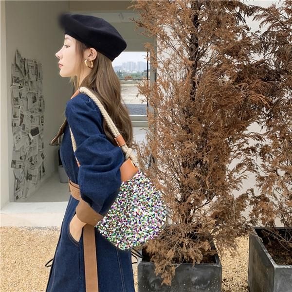 ワンピース レザーコンビの可愛い韓国デニムワンピース|韓国