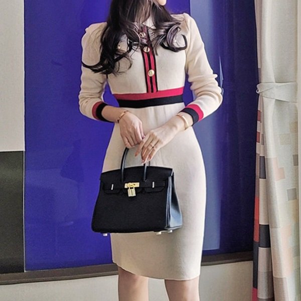 ワンピース レトロデザインの可愛いお嬢様系ニットワンピース 韓国 ワンピース ドレス 通販レディースmarron マロン