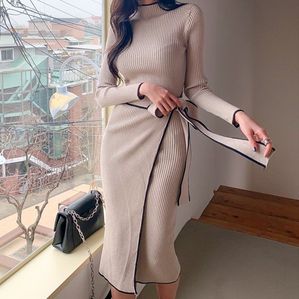 ワンピース 巻きスカート風の可愛い韓国ニットワンピース 韓国 ワンピース ドレス 通販レディースmarron マロン