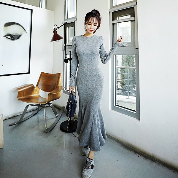 ワンピース マーメイドシルエットの可愛いお嬢様系ロングニットワンピース|韓国 ワンピース ドレス 通販レディースMarron(マロン)