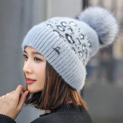 韓国帽子❤レオパード柄のポンポン可愛い韓国ニット帽子 964286
