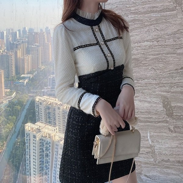 ワンピース ツイード素材の可愛いお嬢様系ミニワンピース 韓国 ワンピース ドレス 通販レディースmarron マロン