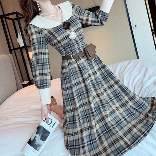 ワンピース チェック柄の可愛いお嬢様系レトロワンピース 韓国 ワンピース ドレス 通販レディースmarron マロン