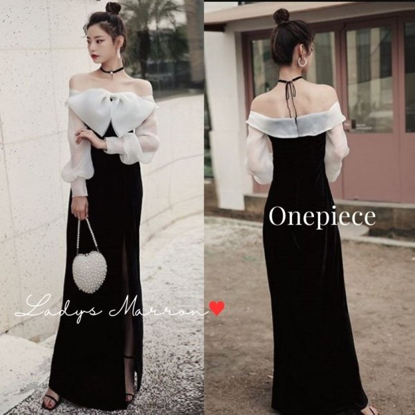 ドレス 大きいリボンが可愛い韓国オフショルパーティードレス|韓国 ワンピース ドレス 通販レディースMarron(マロン)