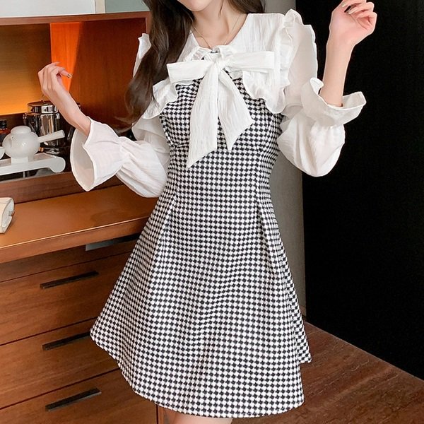 ワンピース ビッグ襟とリボンが可愛いお嬢様系フレアワンピース|韓国