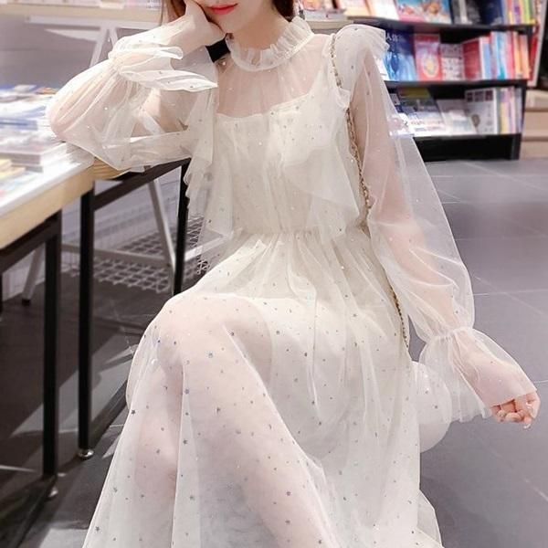 ドレス ワンピース チュール シフォン スパンコール 韓国 ワンピース スパンコールとフリルがCuteな可愛いお嬢様系