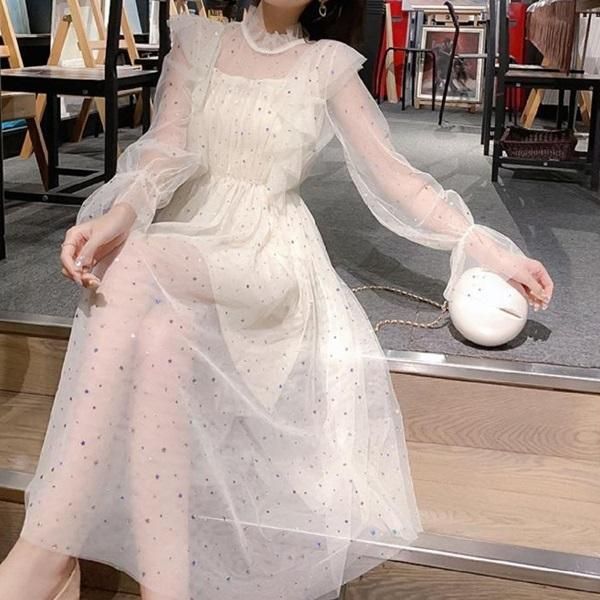オルチャンドレススパンコールが可愛いワンピース 袖フリル ワンピース スパンコールとフリルがCuteな可愛いお嬢様系
