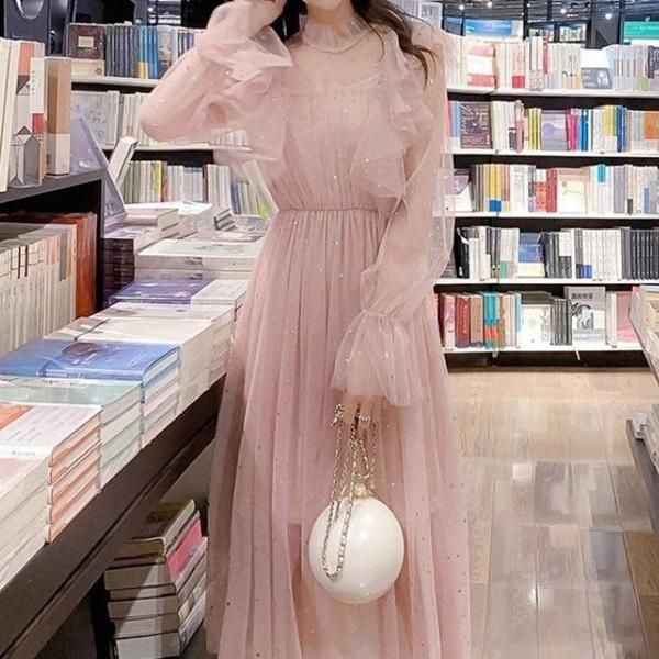 ドレス ワンピース チュール シフォン スパンコール 韓国 ワンピース スパンコールとフリルがCuteな可愛いお嬢様系