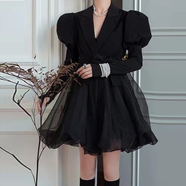 ワンピース パワショルデザインのゴシック系可愛いチュールスカートワンピース|韓国 ワンピース ドレス 通販レディースMarron(マロン)