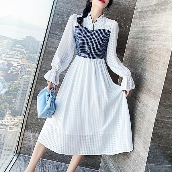 ワンピース ロングワンピース ルーズ フェミニン ミモレ丈 韓国 ワンピース チェックコンビの可愛い韓国フェアリーロング